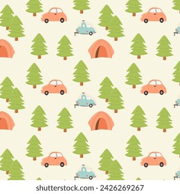 Hand drawn kids adventure expedition seamless pattern. Vector illustration can used for bedclothes, textile, wallpapers. Cartoon camping equipment. 