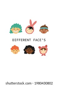 Hand drawn kids and animals faces in line art style, modern minimalism art, vector illustration