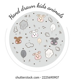 Hand drawn kids animals on white background. Vector illustration, isolated animals trees.