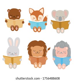 Hand drawn kids animals reading books