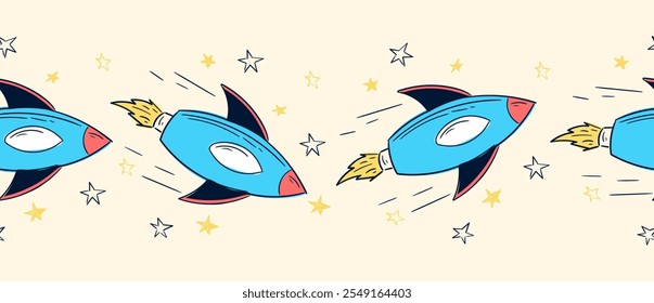 Hand drawn kids border with rockets and stars, pattern seamless edging print vector illustration