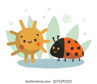 Hand drawn kids cartoon illustration of sun and ladybug