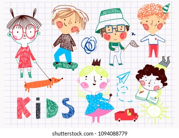 Hand drawn kids. Childish style. Colored vector set. All elements are isolated