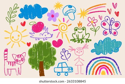 Hand drawn kids crayon pictures set isolated on white background. Vector realistic illustration of cartoon girl, cat, frog, butterfly, summer rainbow and sun, flower, cloud, tree, color chalk icons