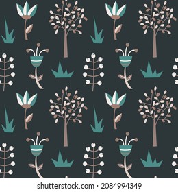 Hand drawn kids digital paper. Cute vector seamless pattern with nature elements - trees, flowers, leaves, berries, bushes. Vector vintage background. Baby design isolated on dark grey