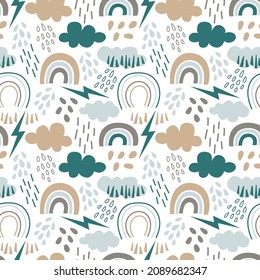 Hand drawn kids digital paper. Cute vector seamless pattern with nature elements - rainbows, clouds, droops, spots, lines texture. Vector vintage background. Baby design isolated on white