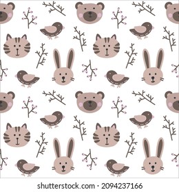 Hand drawn kids digital paper. Cute vector seamless pattern with branches, birds, animals. Vector vintage background for children. Cute cat, bear, bird isolated on white