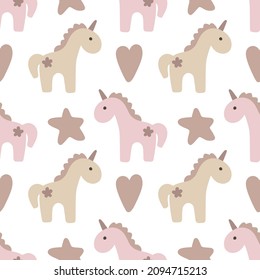 Hand drawn kids digital paper. Cute vector seamless pattern with unicorns, stars, hearts. Vector baby girl background. Simple design isolated on white