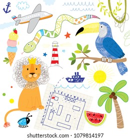 hand drawn kids doodle funny tropical elements 