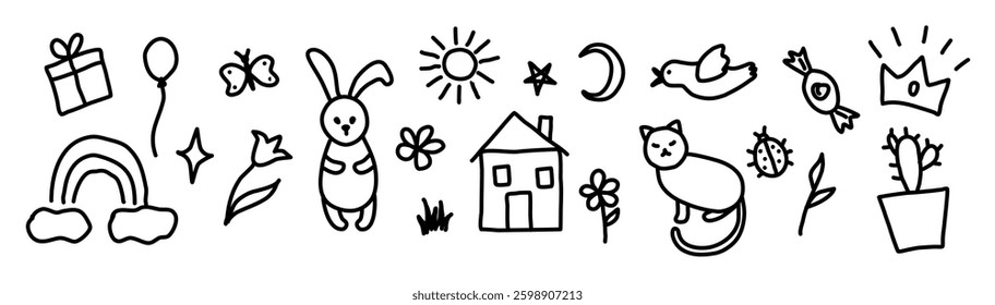 Hand drawn kids doodle. House, bunny, cat, flower, rainbow, sun, balloon, flower. Set of cute funny baby icons on white background. Vector illustration kids drawing.