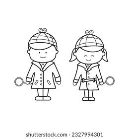 Hand drawn Kids drawing Cartoon Vector illustration Detective, man and woman with magnifier icon Isolated on White Background