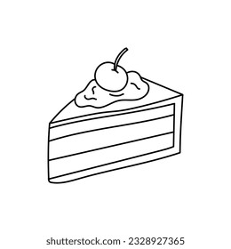 Hand drawn Kids drawing Cartoon Vector illustration cake slice witch cream and cherry icon Isolated on White Background