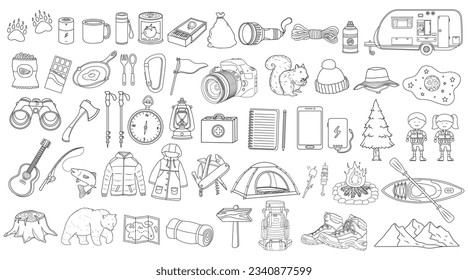 Hand drawn Kids drawing Cartoon Vector illustration Set of camping supplies. Children adventure camping tools and equipment icon Isolated on White Background