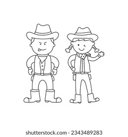 Hand drawn Kids drawing Cartoon Vector illustration cowboy and cowgirl characters icon Isolated on White Background