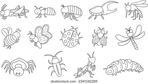 Hand drawn Kids drawing Cartoon Big set of insects, grashopper, ant, flea, beetle, mosquito, bee, butterfly, ladybug, fly, dragonfly, spider, cockroach, mantis, catterpillar