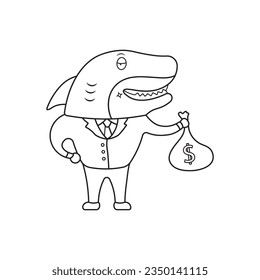 Hand drawn Kids drawing Cartoon Vector illustration cute loan shark icon Isolated on White Background