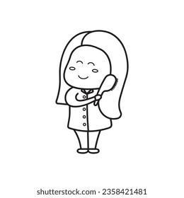 Hand drawn Kids drawing Cartoon Vector illustration cute girl comb icon Isolated on White Background