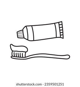 Hand drawn Kids drawing Cartoon Vector illustration toothbrush and toothpaste Isolated on White Background