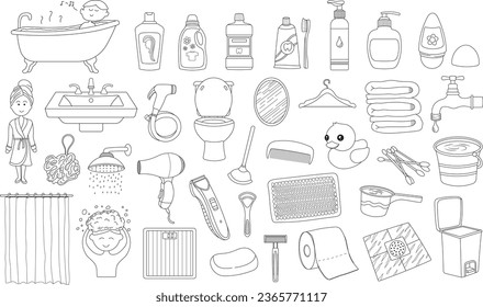 Hand drawn Kids drawing Cartoon Vector illustration Set of bathroom elements icon in doodle style