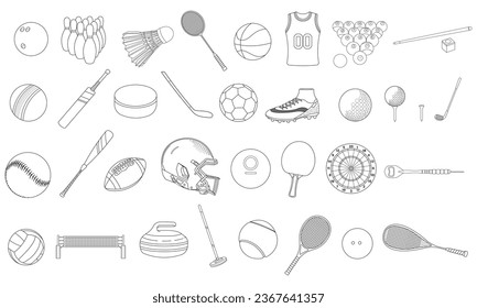 Hand drawn Kids drawing Cartoon Big set of sport equipment in doodle style