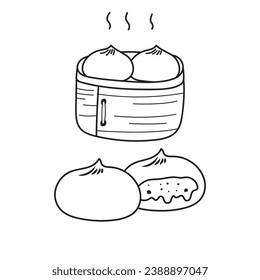 Handgezeichnete Kinder, die Cartoon-Vektorgrafik gedünstete Bun oder Xiaolongbao-Symbol einzeln auf weißem Hintergrund