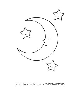 Hand drawn Kids drawing Cartoon Vector illustration moon and stars icon Isolated on White Background