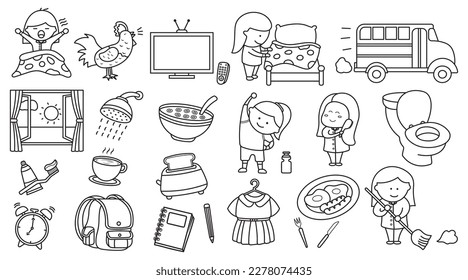 Hand drawn kids drawing The daily routine of cute girl going to school on a white background Isolated vector icon in doodle style