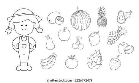 Hand drawn kids drawing vector illustration set of fresh colorful fruits with a farmer