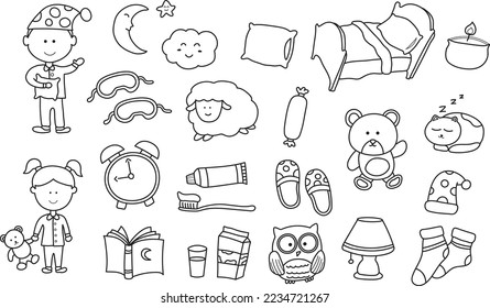 hand drawn kids drawing Vector illustration set of sleep time, bed time icon in doodle style