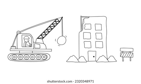 Handgezeichnete Kinder Zeichenkette Vektorgrafik Illustration Baustelle mit Abriss-LKW und zerstörte Gebäude in einem Cartoon-Stil von Word-spotrayal