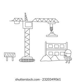 Hand drawn Kids drawing vector Illustration of building construction scene with worker and tower crane in a cartoon style by wordspotrayal