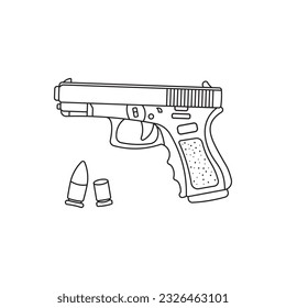 Hand drawn kids drawing Vector illustration black gun glock and bullets flat cartoon isolated