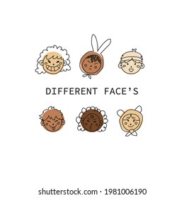 Hand drawn kids faces in line art style, modern minimalism art, bundle of smiling faces of boys and girls with different hairstyles, skin colors and ethnicities, vector illustration