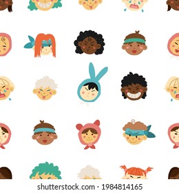 Hand drawn kids faces in line art style, modern minimalism art, bundle of smiling faces of boys and girls with different hairstyles, skin colors and ethnicities
