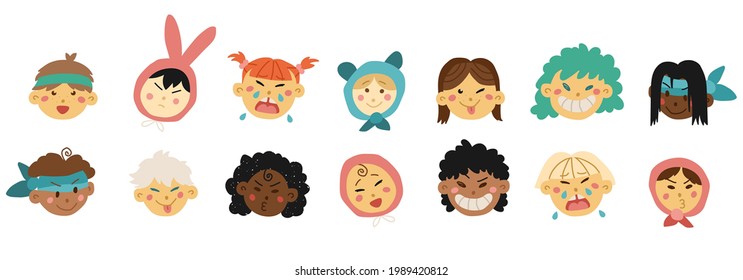 Hand drawn kids faces in line art style, modern minimalism art, bundle of smiling faces of boys and girls with different hairstyles, skin colors and ethnicities, vector illustration