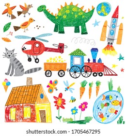 niños dibujados a mano ícono doodle conjunto dinosaurio helicóptero gato trenzas flores pez cohete hogar pájaro 