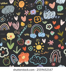 Hand drawn kids pattern with flowers, rainbows, sun, clouds, hearts and words I love summer, Doodle. Fun pattern