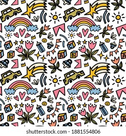 hand drawn kids pattern, vector illustration, rainbow, sun, stars, car, flower, ideal for baby born banner