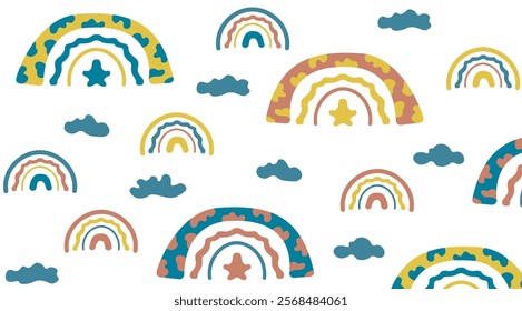 Hand drawn kids rainbow pattern with clouds. Can be used for decoration, textile, fabrics, wrapping paper
