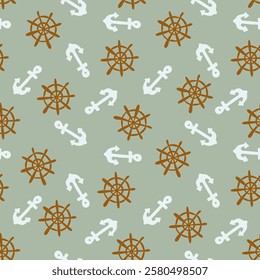 Hand drawn kids seamless nautical pattern. Anchors and steering wheels on a muted background, wrapping paper design, textile print vector illustration