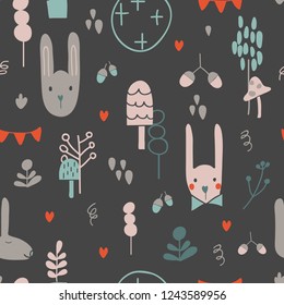 Hand drawn kids seamless pattern. Rabbits, flowers, hearts. Abstract childish background. Doodle style vector illustration. Cute objects