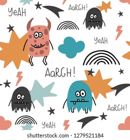 Hand drawn kids seamless pattern with monsters. Scandinavian style. Vector illustration. Cute cartoon characters