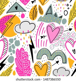 Hand drawn kids seamless pattern for print, fabric, textile. Modern colorful baby background.