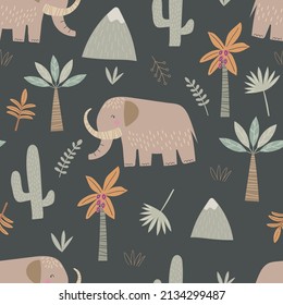 Hand drawn kids seamless pattern with mammoth and tropical leaves, palm, floral elements. Cute vector childish background for fabric, textile