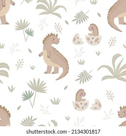 Hand drawn kids seamless pattern with dinosaurs and tropical leaves. Cute vector illustration for fabric, textile