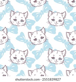 Hand drawn kids seamless pattern featuring cute kittens and blue bows on a white background vector illustration