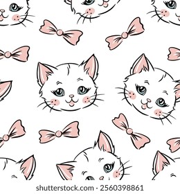 Hand drawn kids seamless pattern featuring cute cat faces and bows in soft pastel colors