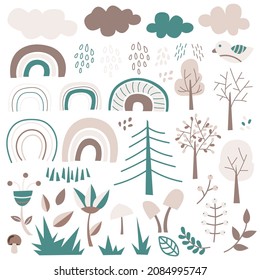 Hand drawn kids set for design cards, header, invitations. Cute vector seamless pattern with nature elements - rainbows, trees, clouds, flowers, leaves, berries, mushroom. Vector nursery illustration