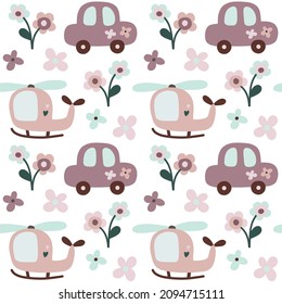 Hand drawn kids vector background with baby toys, cars, helicopter, flowers. Layout for designing cards, header, invitations, textile. Vector nursery seamless pattern isolated on white