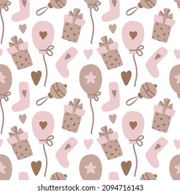 Niños dibujados a mano con fondo vectorial con juguetes para bebés, corazones, globos, medias. Diseño para el diseño de tarjetas, cabecera, invitaciones, textil. Patrón de vectores sin fisuras aislado en blanco 
